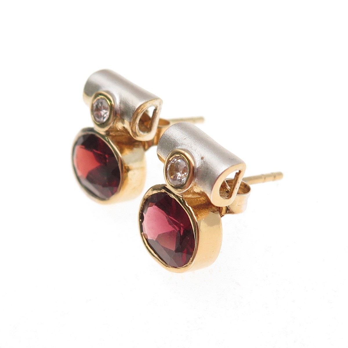 925 Sterling Silver 2-Tone Vintage Real Red Garnet & C Z Modernist Stud Earrings