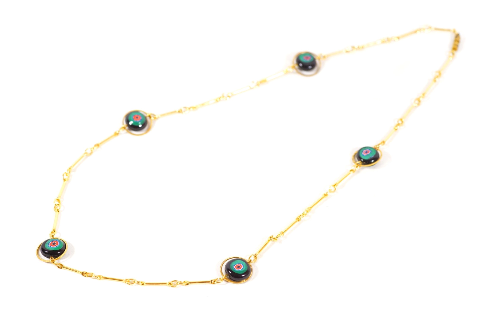 Venetian Glass Millefiori Discs Station Necklace Unique Bar Link 28″ Art Glass