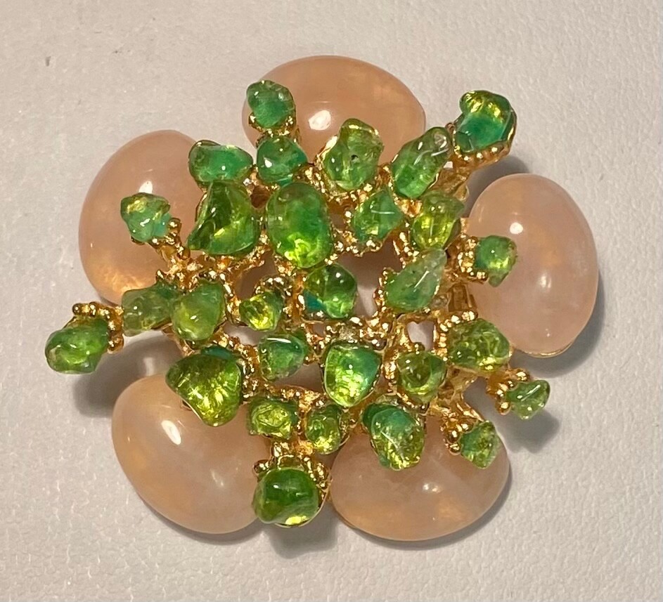 AUTHENTIC SWOBODA FLOWER BROOCH ~ ROSE QUARTZ, PERIDOT ~ STUNNING!