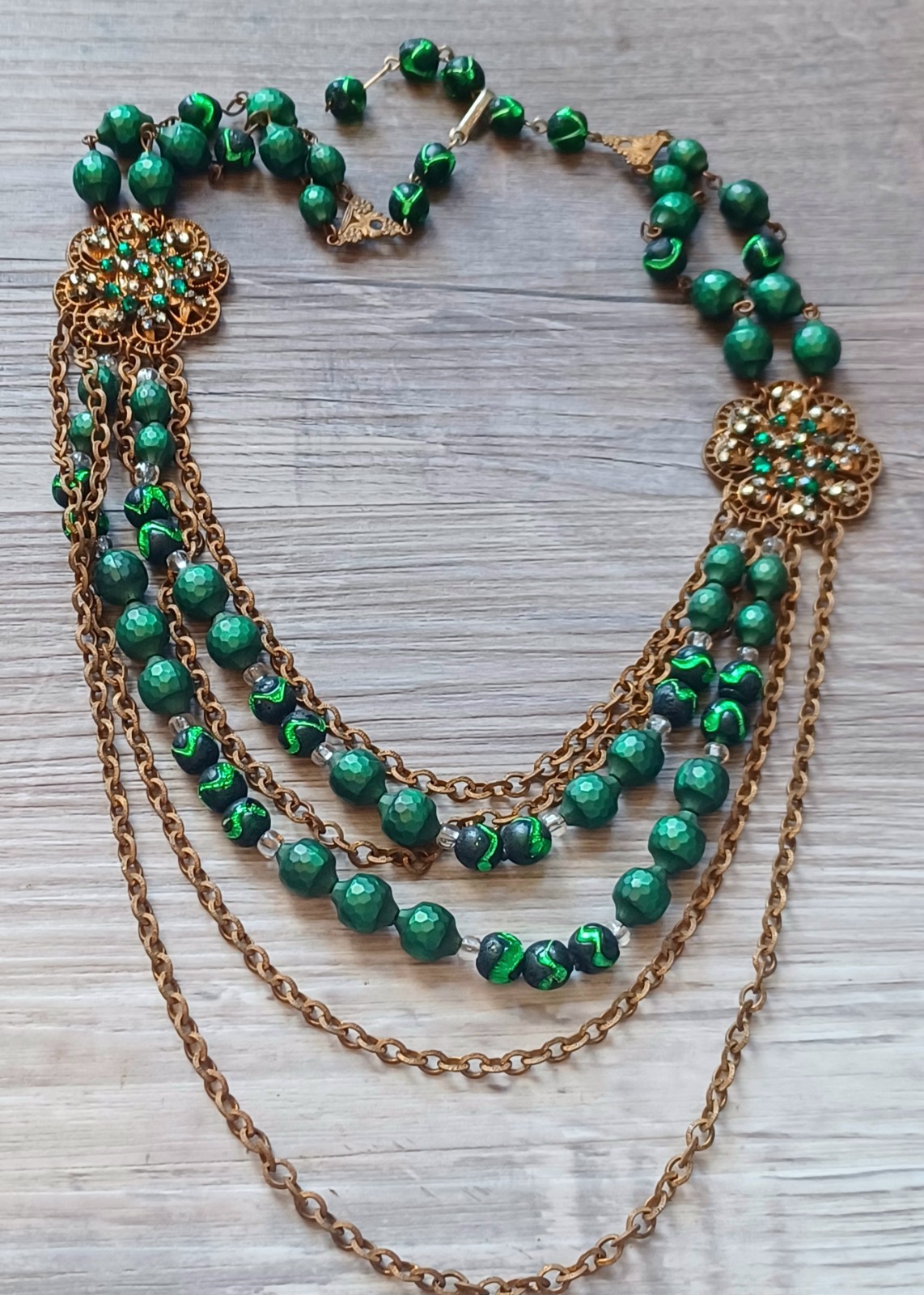 Vintage Hobe Green Glass Foil Bead Brass Swag Bib Necklace