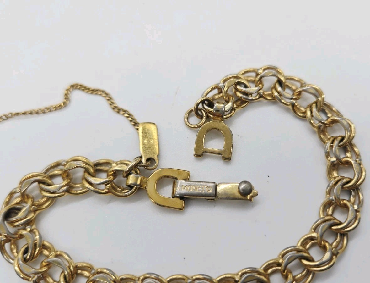 Monet Bracelet small Double Ring Gold Tone Chain Link Couture Vintage 7.25 in