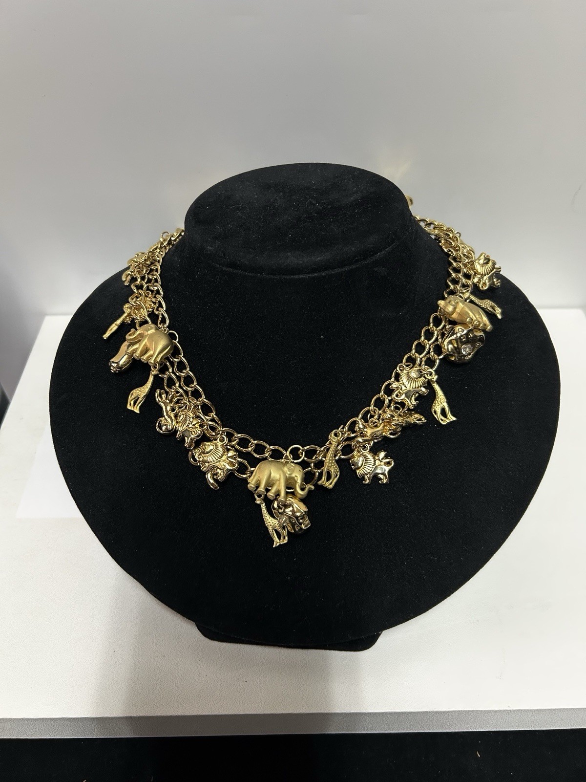 Vintage Gold Tone Safari Animal Crackers Charm Necklace Whimsical Costume