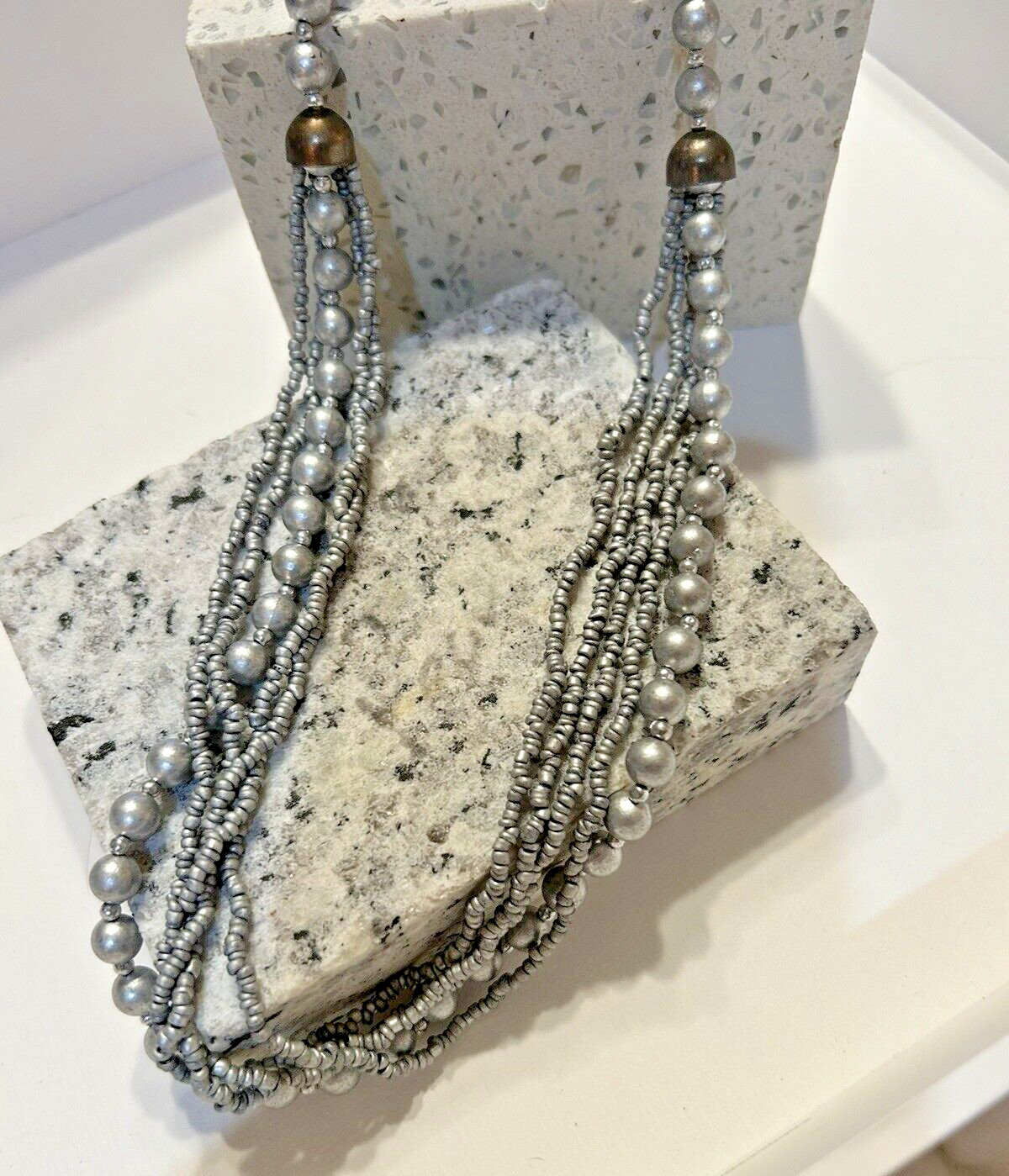 Vintage Multi Strand Silver Gray Pearl and Seed Bead Necklace N5