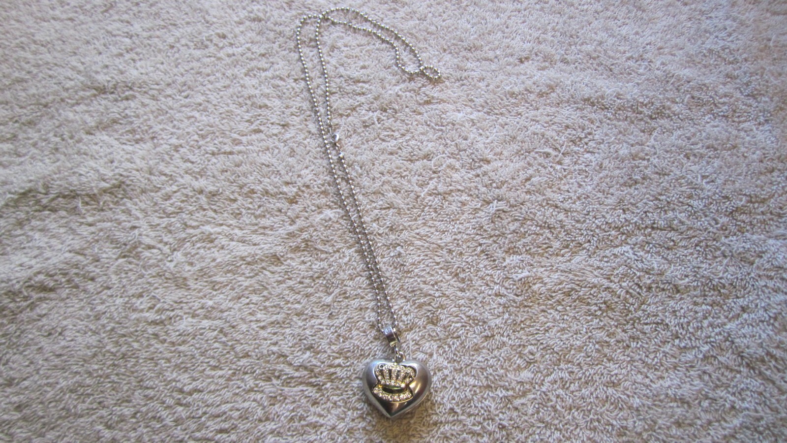 Vintage Puffy Heart Charm Necklace Pendant Brass Metal Rhinestone about 1″