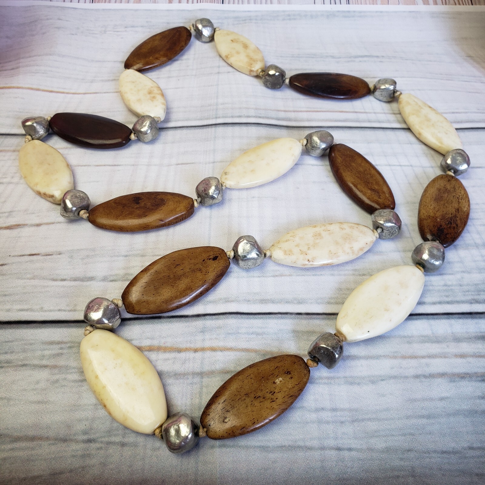 Artisan White & Brown Beaded Long Silver Tone Necklace