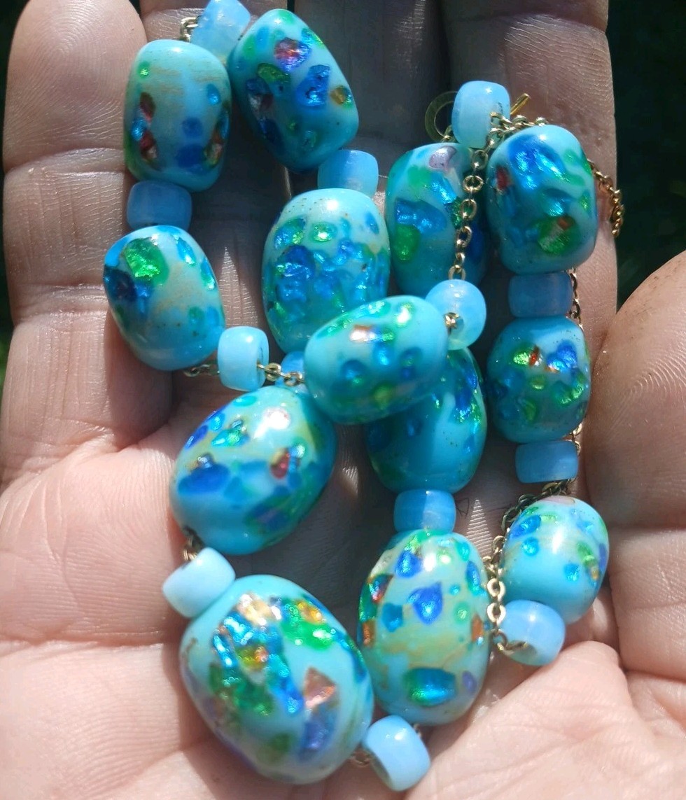 SALE VINTAGE JAPAN FOIL RAINBOW CONFETTI GLASS BARRELL SLIDE CHAIN NECKLACE SET