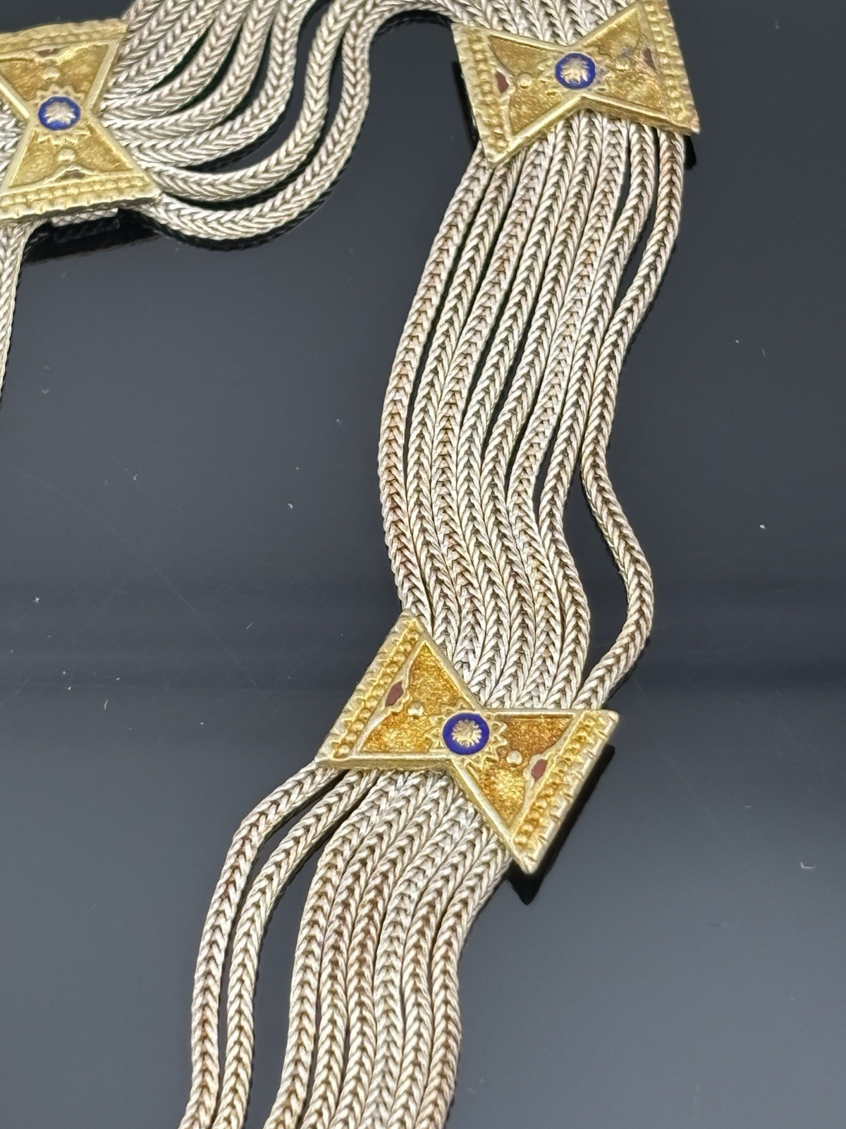 Vtg Anatoli Sterling Silver Enamel Necklace Gold Vermeil Station Pendants 17″