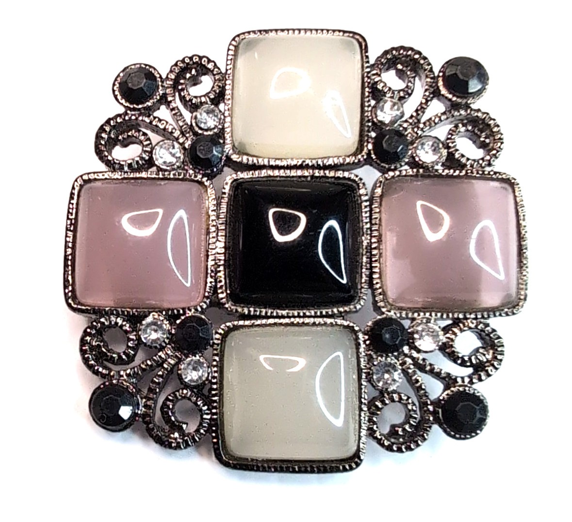 Vintage Geometric Square Brooch Black Pink Gunmetal Silver Tone Openwork Gothic