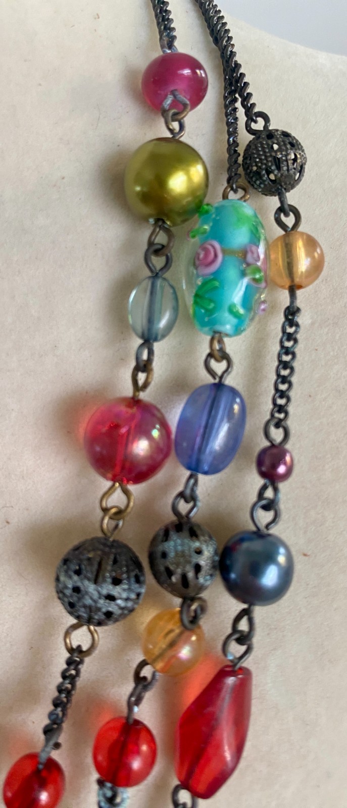 Avon Multicolor Glass Bead Necklace Triple Strand Copper Tone Adjustable 16″-19″