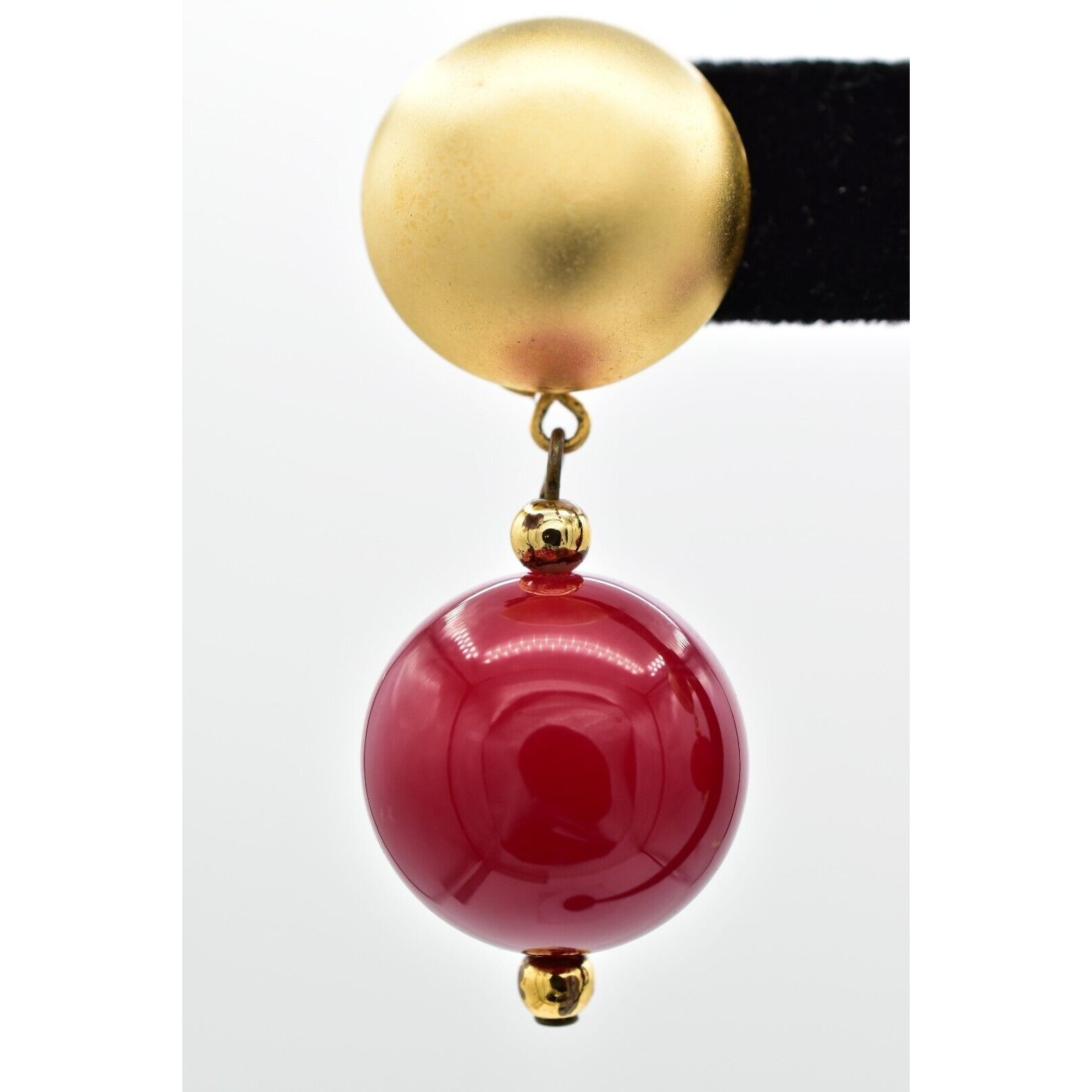 Vintage Dangle Beaded Earrings Chunky Drop Brushed Gold Red Retro 1980s BinBF
