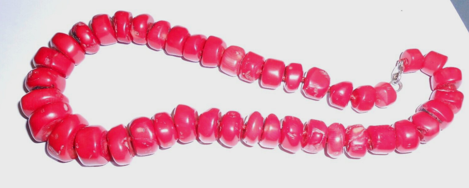 GENUINE UNDYED RED CORAL BEADS NECKLACE WITH STERLING CLASP.