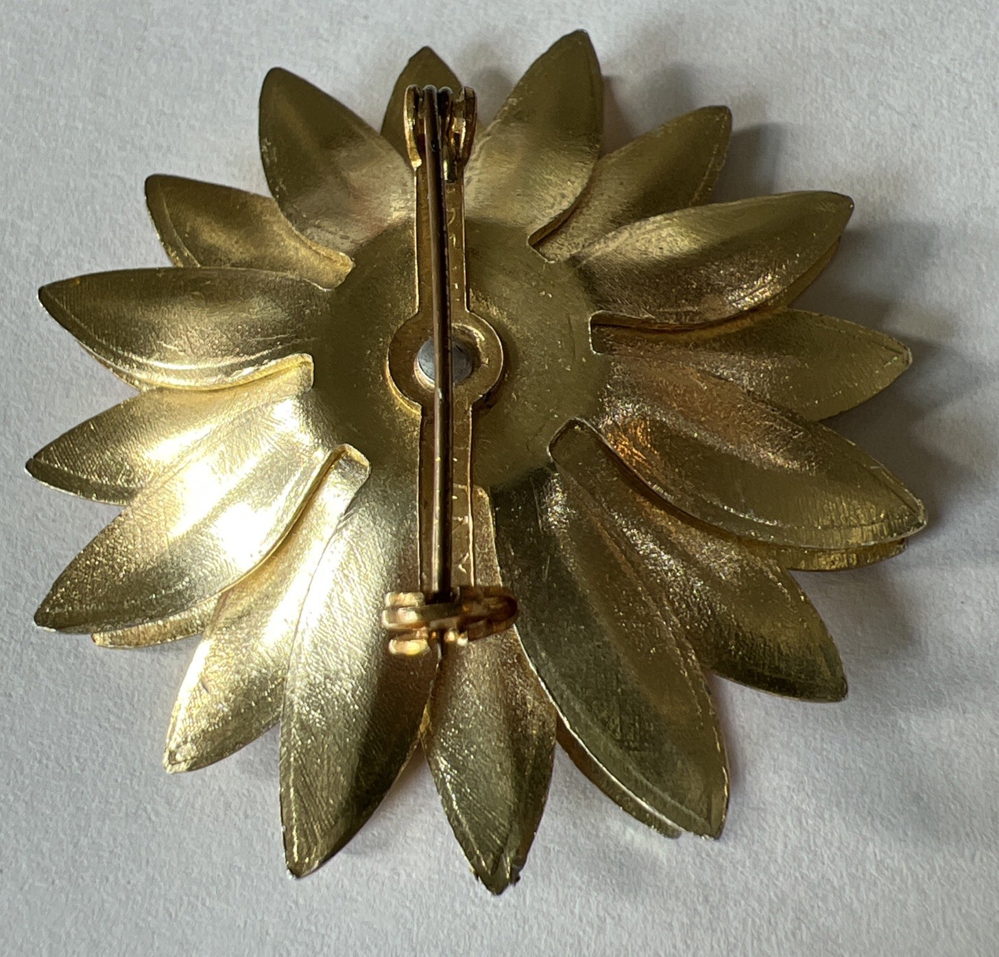 Red Flower Layered Brooch Iridescent Petals Gold Trimmed 2” P