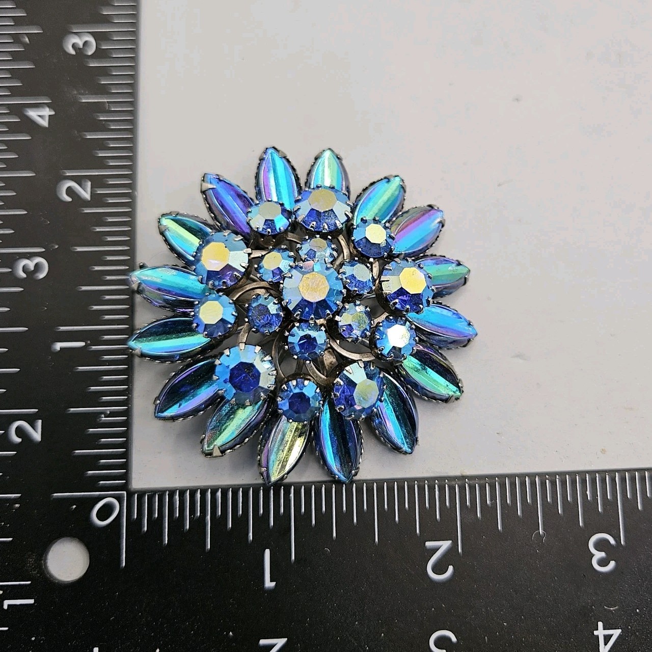 Vintage AB Rhinestone Brooch Flower Dome Cluster Peacock Blue Color