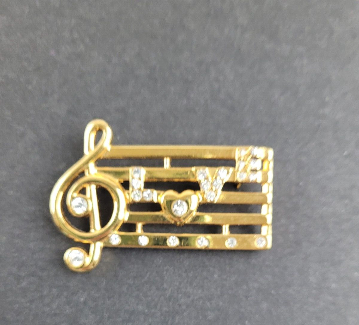 Musical Love Notes Gold Tone Rhinestone Brooch Signed Monet