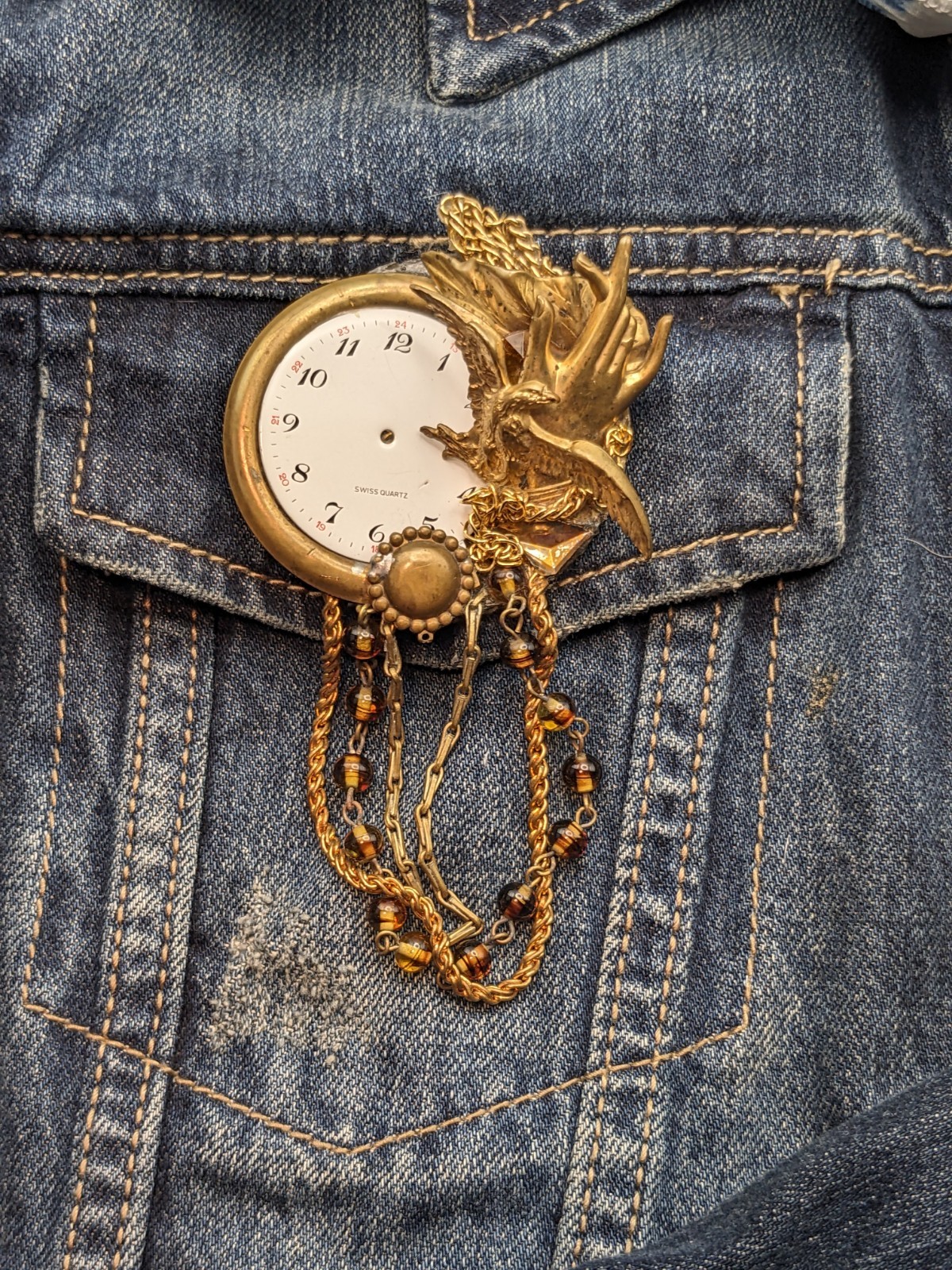 Steampunk John Wind MAXIMAL ART Brooch — Watch Face, Eagle, Hand, Leaf