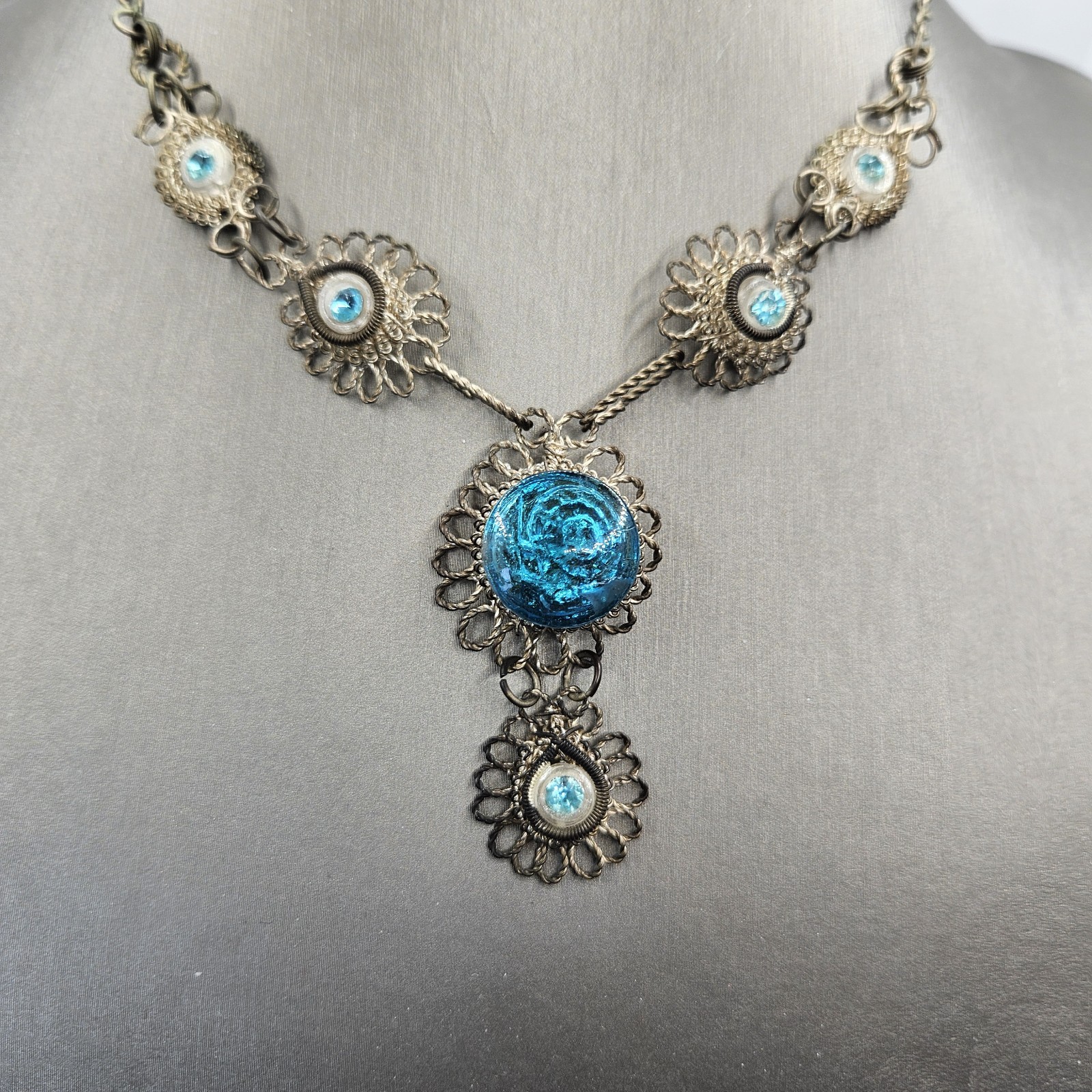 Antique Cannetille Spun Silver Necklace Blue Art Glass Screw Back Earrings Set