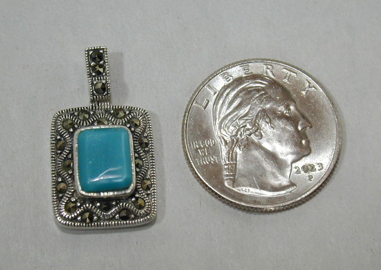 Vintage CW Charles Winston Sterling Turquoise & Marcasite Pendant 925 Silver