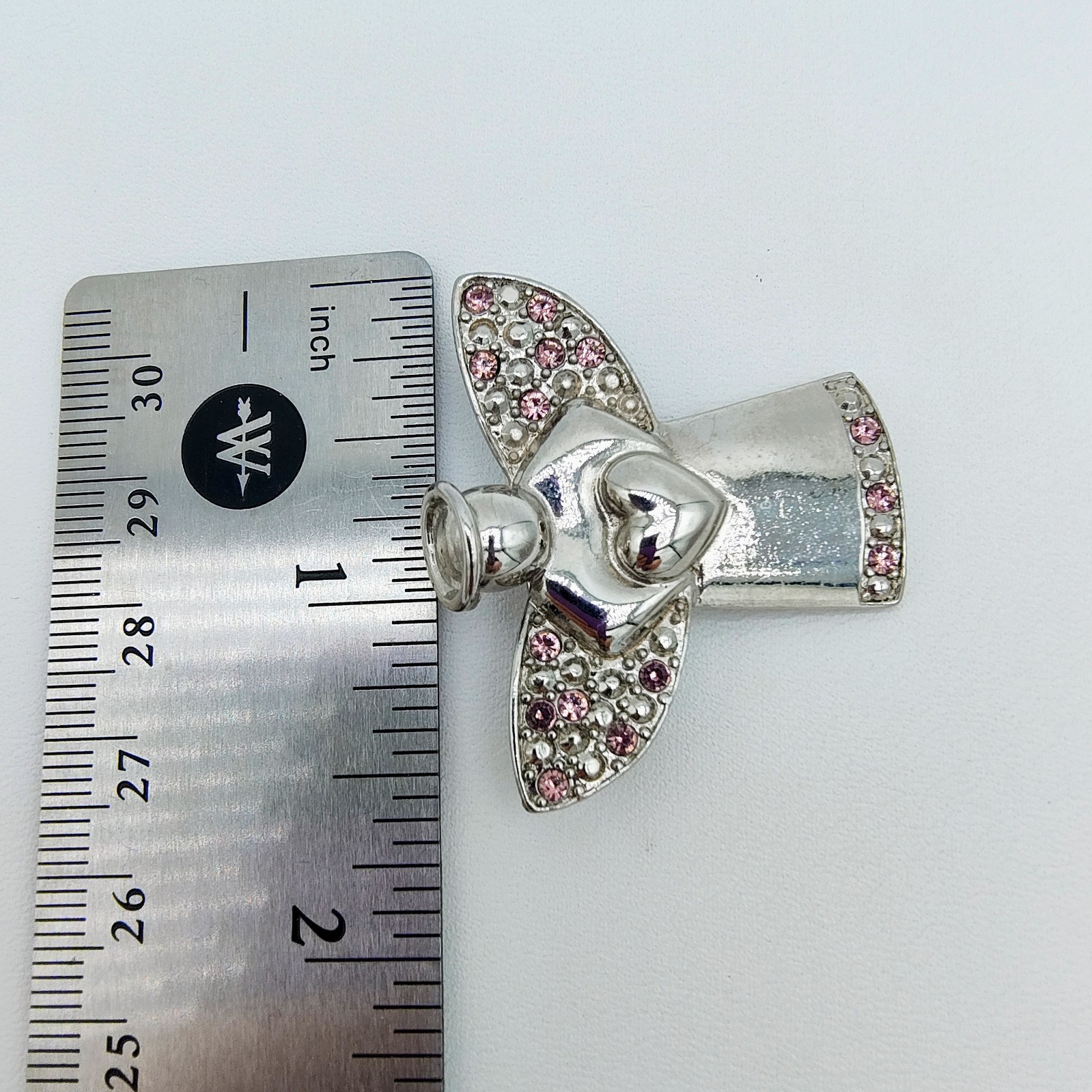Vintage Angel Holding Heart Brooch Silver Tone Pink Rhinestone Guardian