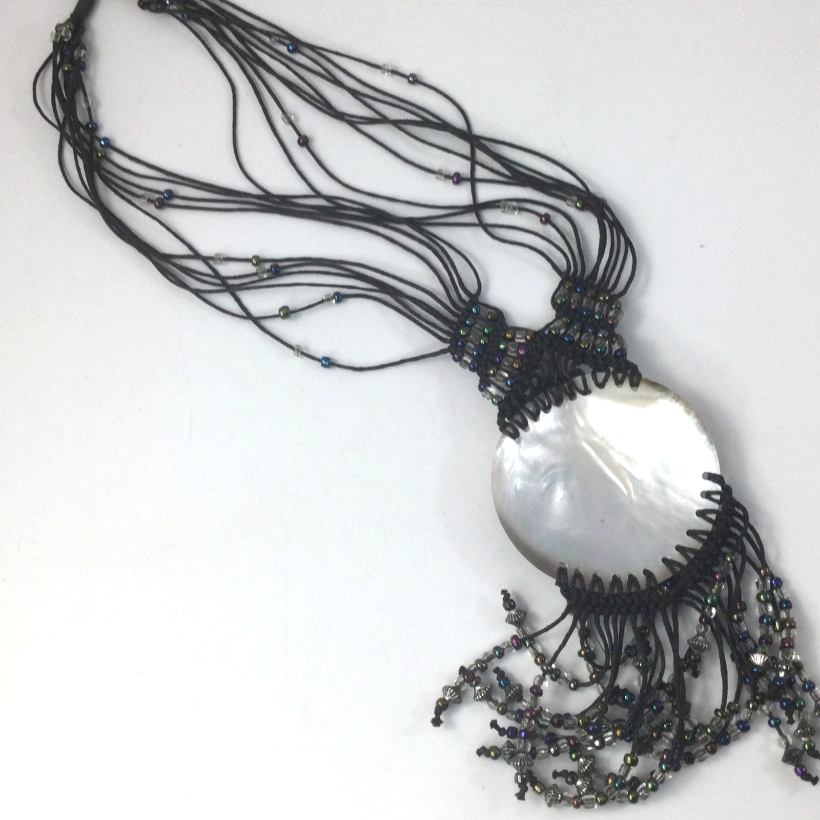 Vintage Woven Wax Tread and Shell Pendant Necklace Black Blue Silver Beaded 18″