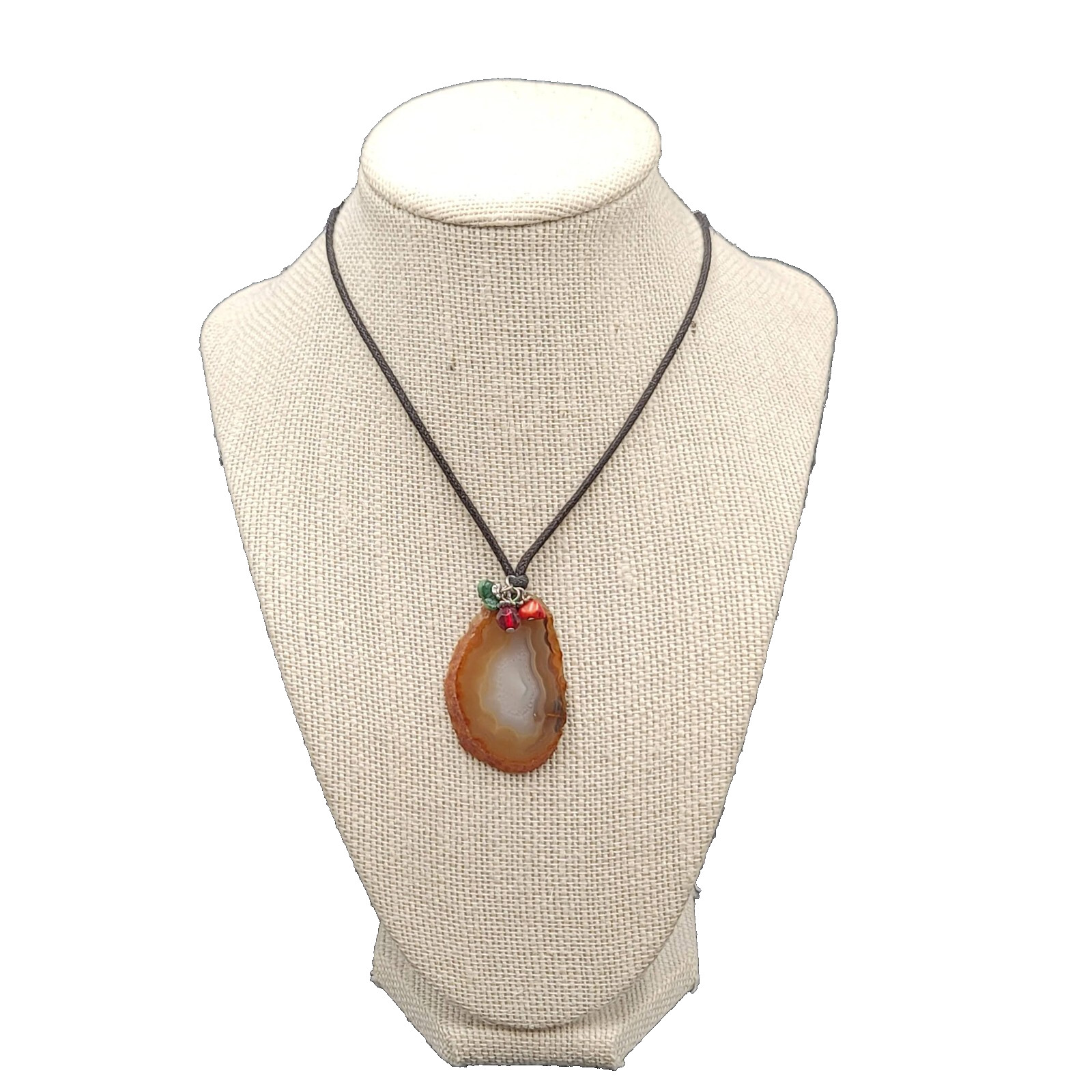 Banded Agate Geode Slice Pendant Necklace Beads Black Cord 15″-18″