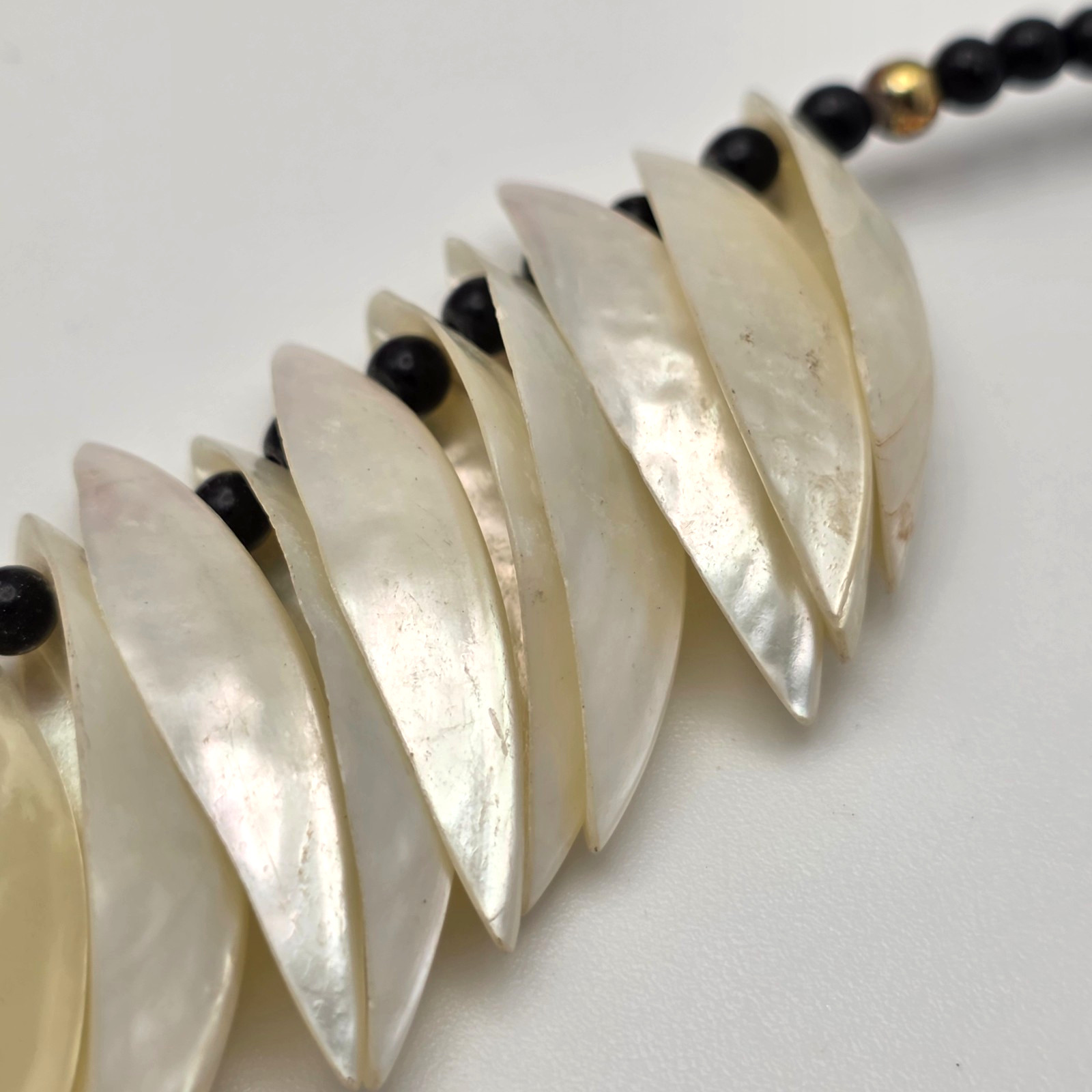 Vintage Mother Of Pearl Shell Fringe Bib Necklace Black Bead Tribal Boho 25″
