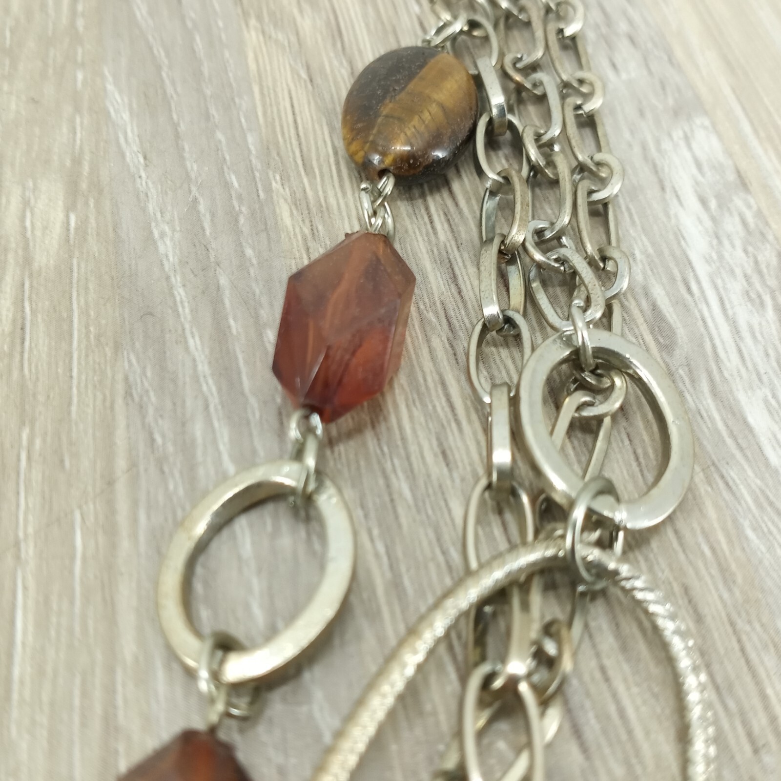 Vtg Necklace Tiger Eye Stones with Acrylic Beads Multi Strand Fashion Jewelry
