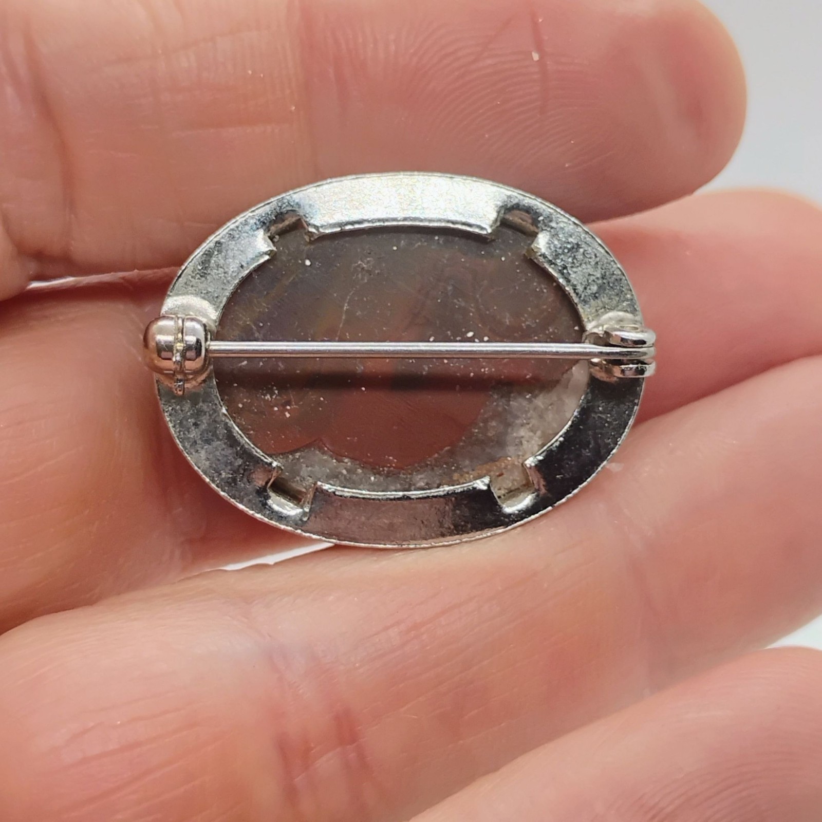 Vtg Bullseye Eye Agate Brooch Silver Tone Carnelian Orange Brown White Oval