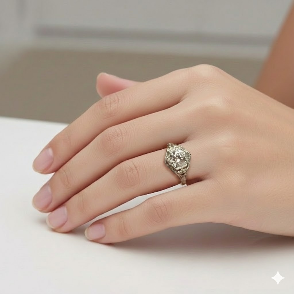 1.26ct 14k White Gold Filigree Engagement Ring Natural Champagne Round Diamond