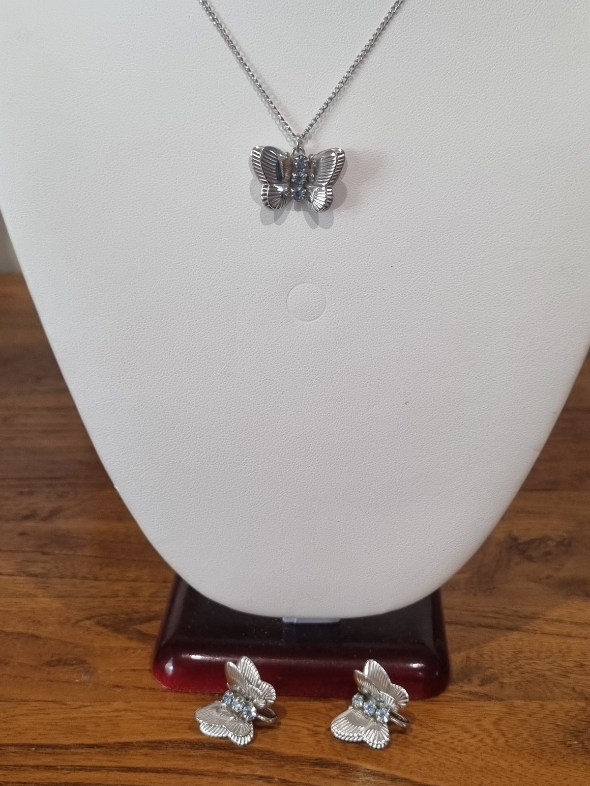 Vintage 14k White Gold Flled Butterfly Pendant Earring Set Blue Stones See Video