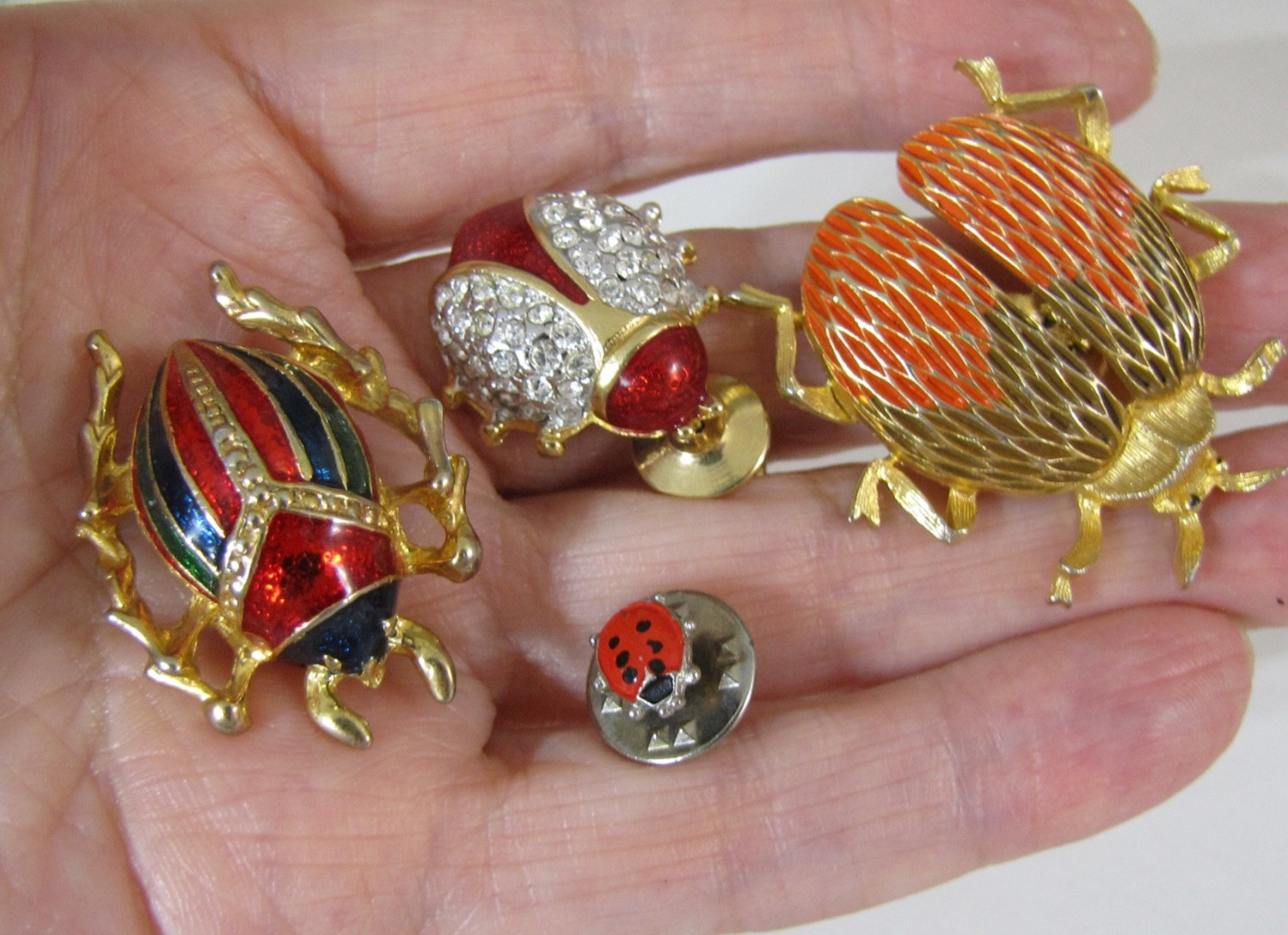 Vintage Enamel Beetle Pin Brooch Lot Gold Tone Lady Bug Flying Insect Rhinestone