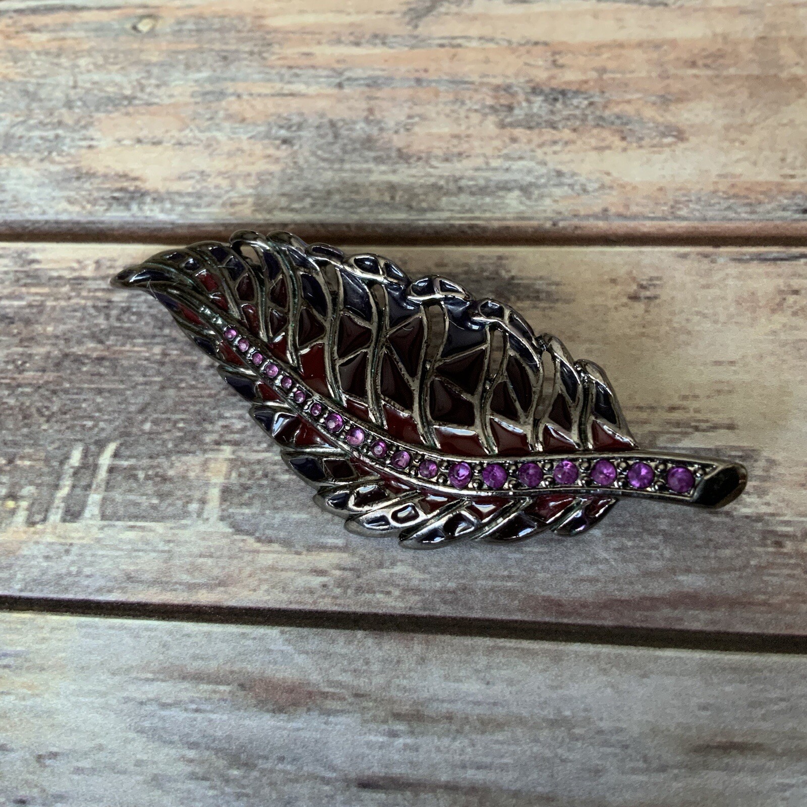 Gunmetal pink purple rhinestone enamel feather leaf brooch