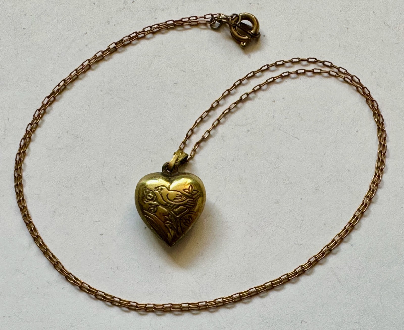 Vintage heart puff brass w Bird both sides Charm pendant 5/8 of 1″ Necklace 18″