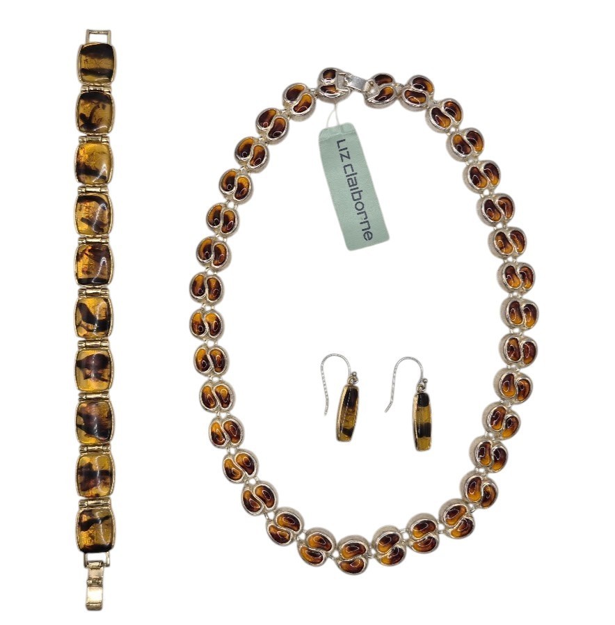 VTG 3pc Necklace, Bracelet & Earrings Liz Claiborne Faux Amber Resin Japan New