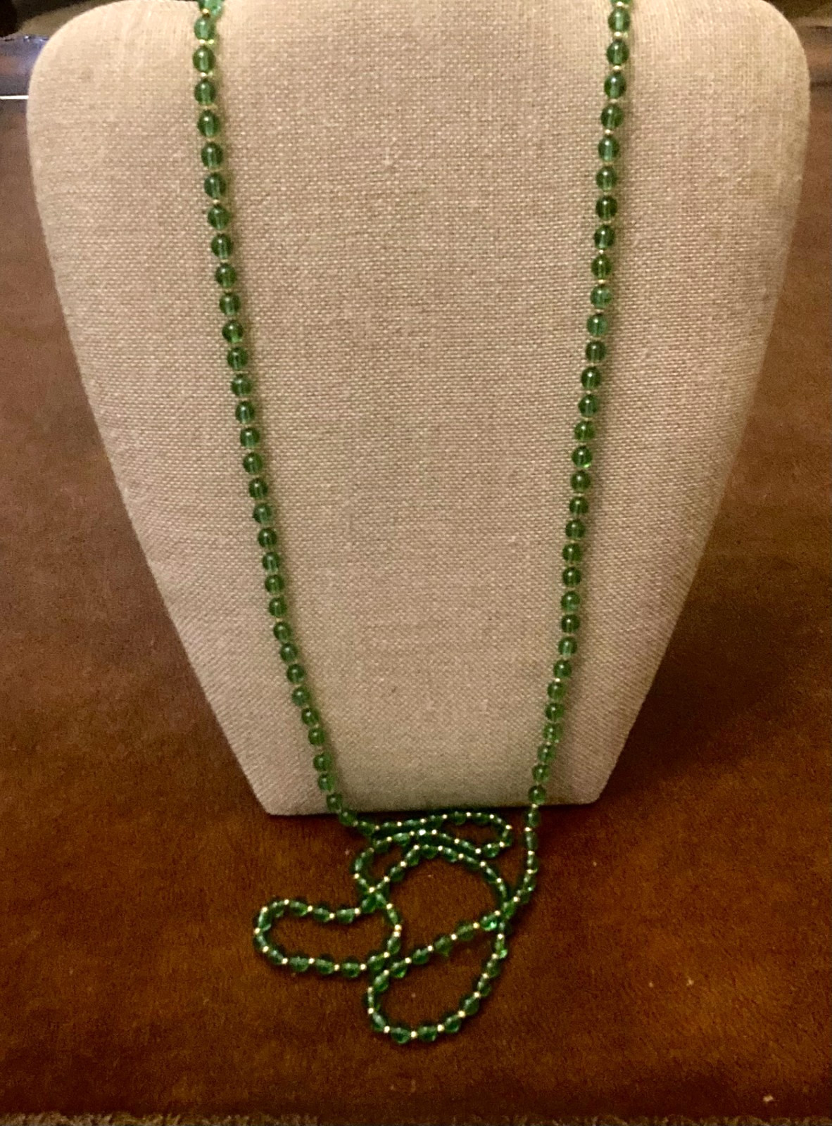 Vintage Glass Beaded Necklace Green Gold Tone 59″ Flapper