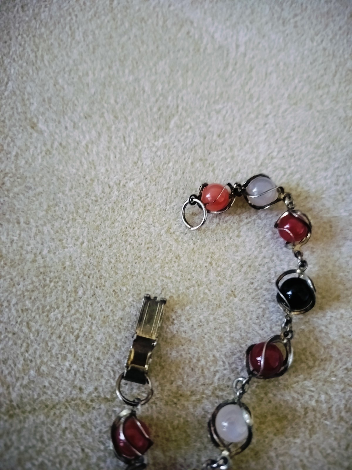 Vintage MCM Multi-Gemstone Caged Sphere Link Bracelet Wire-Wrapped Scarab-Style