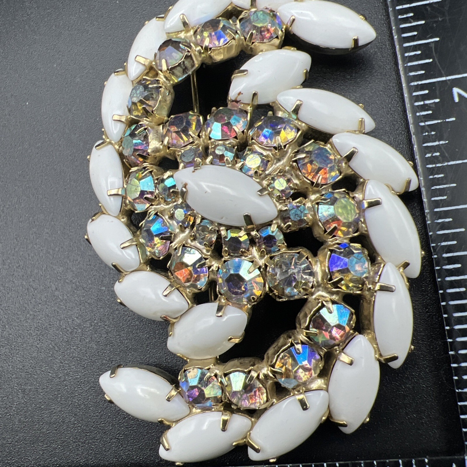 Vintage Aurora Borealis Rhinestone Milk Glass Large Swirl 3″ Brooch Pin