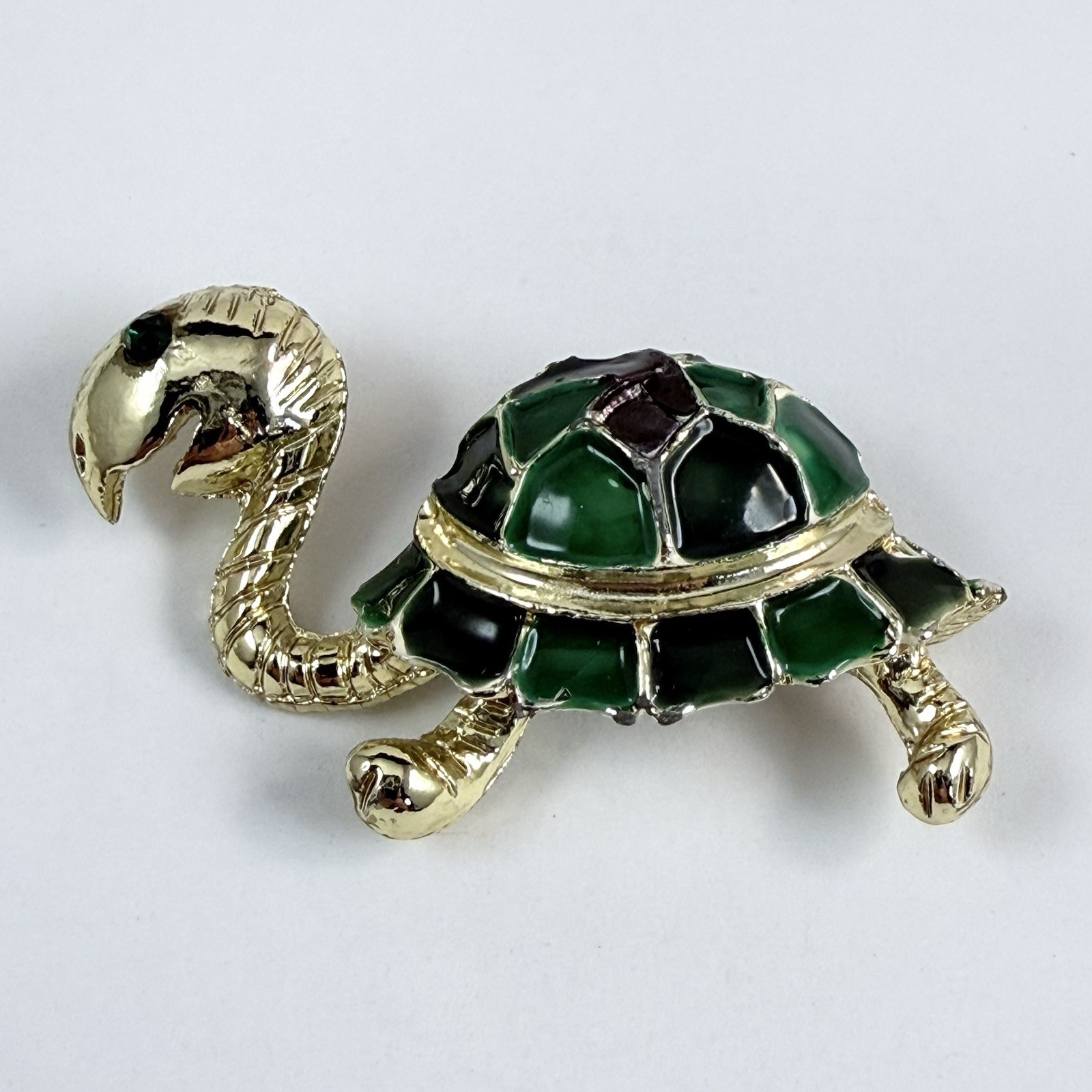 Vintage Rhinestone Green Enameled Turtle Brooch Gold Tone Pin