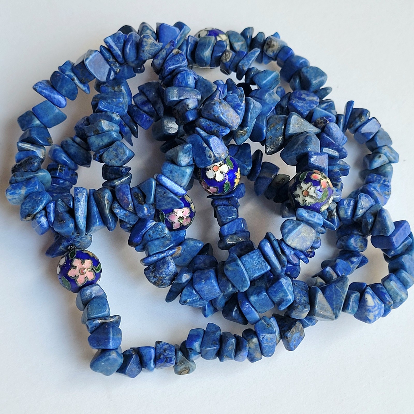 VTG Blue Lapis Sodalite Chip Cloisonne Enamel Beads Flower Necklace 34″ No Clasp