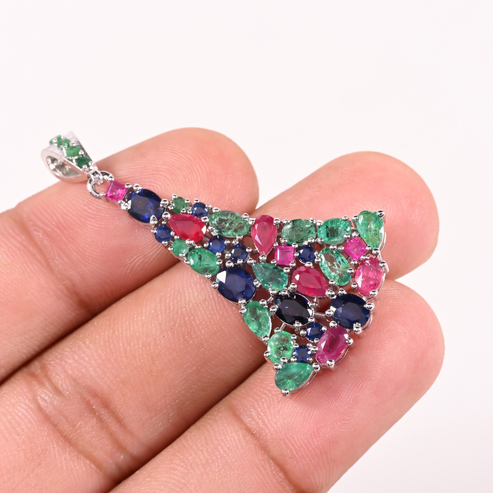 Natural Multi Stone Triangle Pendant Emerald Ruby Sapphire 925 Silver Jewelry