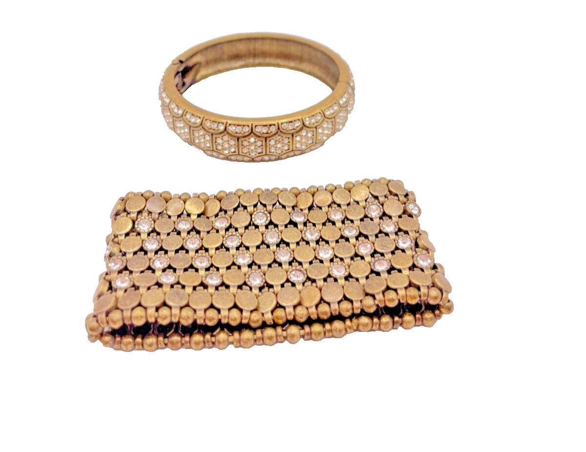 Set of 2 Vintage Gold Plated Adjustable Bracelets With Simulated Diamond Stones
