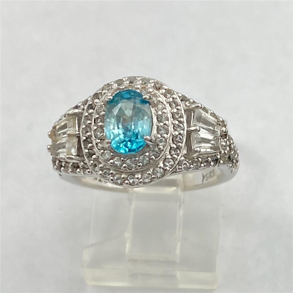 STS 925 Sterling Silver Blue Topaz Clear Baguettes & Diamond Accents Ring Sz.6