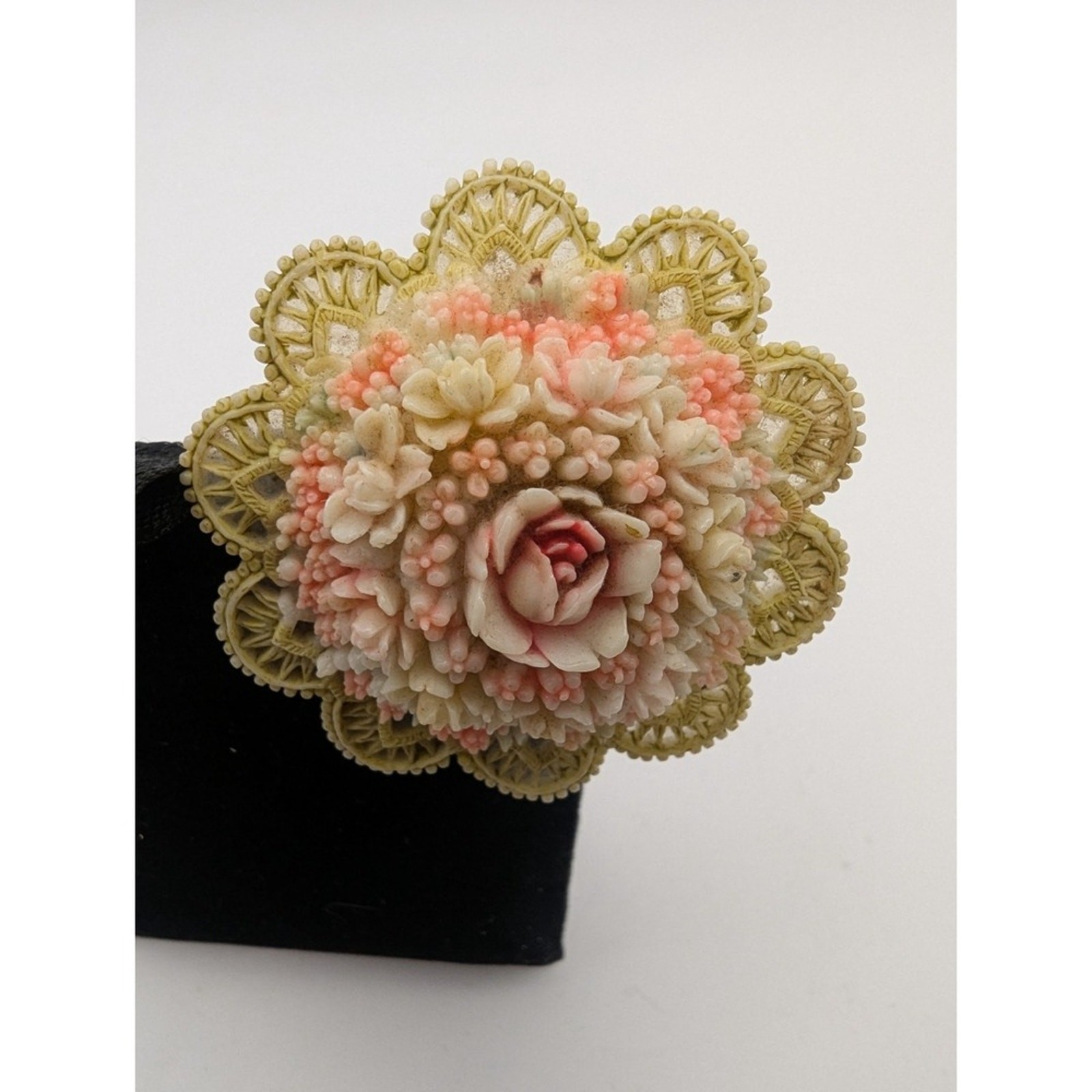 VINTAGE Floral Celluloid Brooch Pink Cream Layered Bouquet 2.25in Japan READ