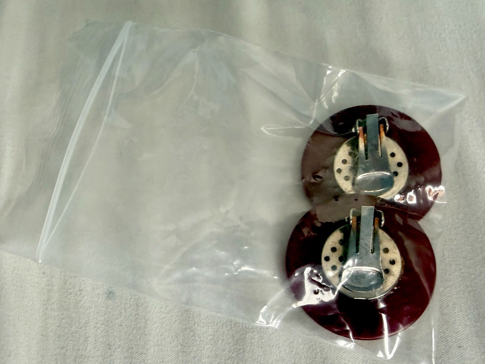 Vintage 1930s Art Deco Maroon Burgundy Plastic Circle Pair of Dress Clips