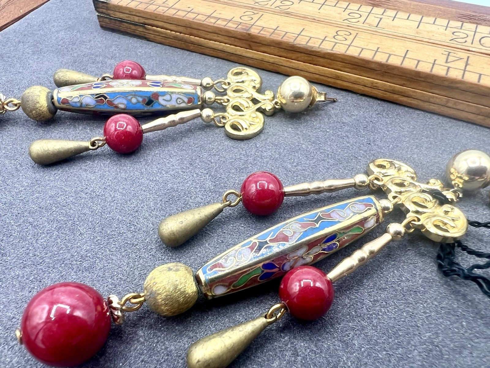 Vintage Gold Red Cloisonné Bead Artisan Dangle Earrings New Old Stock NOS