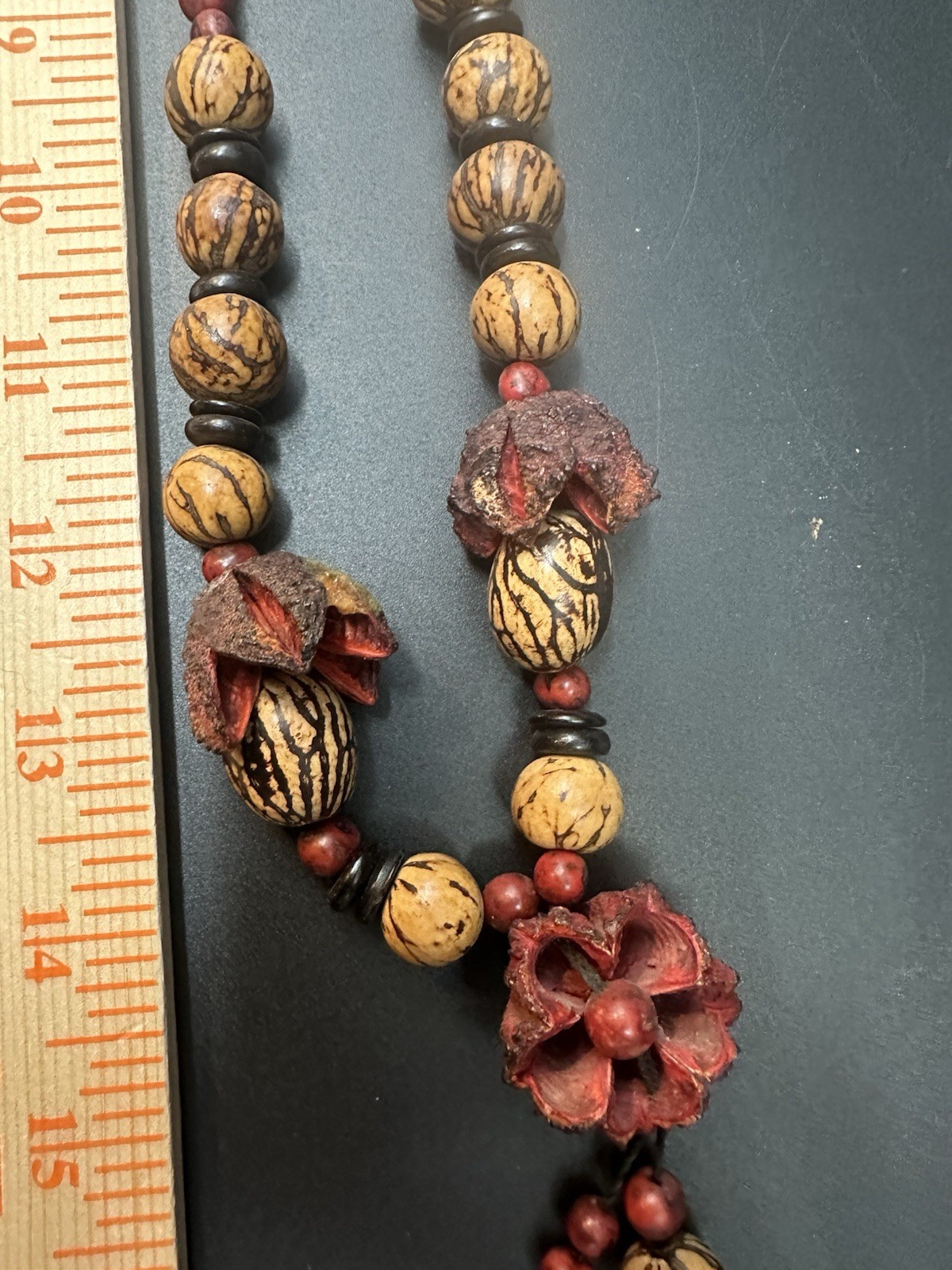 Boho Natural Seed Pod Necklace 16” Wood Beaded Red Brown Earthy Statement