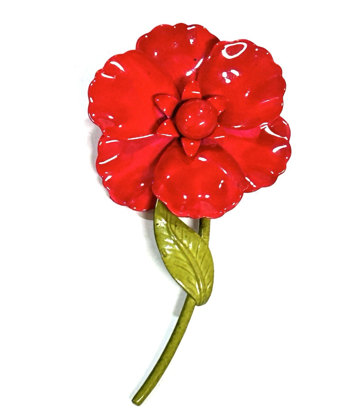 VINTAGE RED ENAMEL POPPY FLOWER METAL PIN 3″