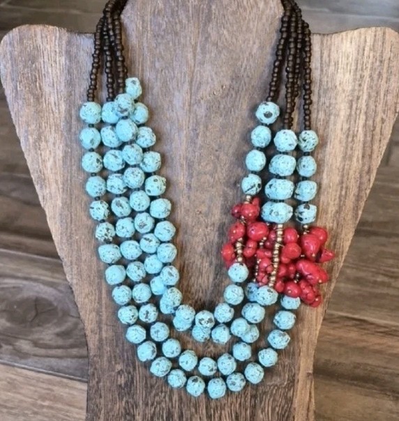 Vtg Handcrafted Turquoise Red Coral Chunky Four Strand Beaded Statement Necklace