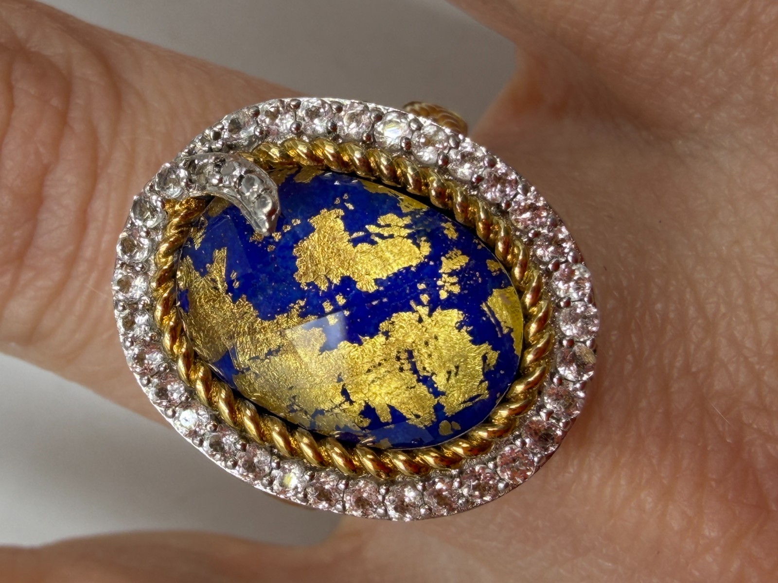 Vintage Sterling Silver Ring Gold Flake Cobalt Blue Crystal Mixed Cocktail 9 PX