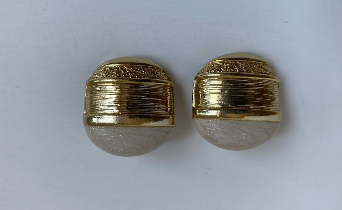 Vtg ORENA Paris Signed Clip On Earrings Gold Alloy & Sparkly White Faux Pearl