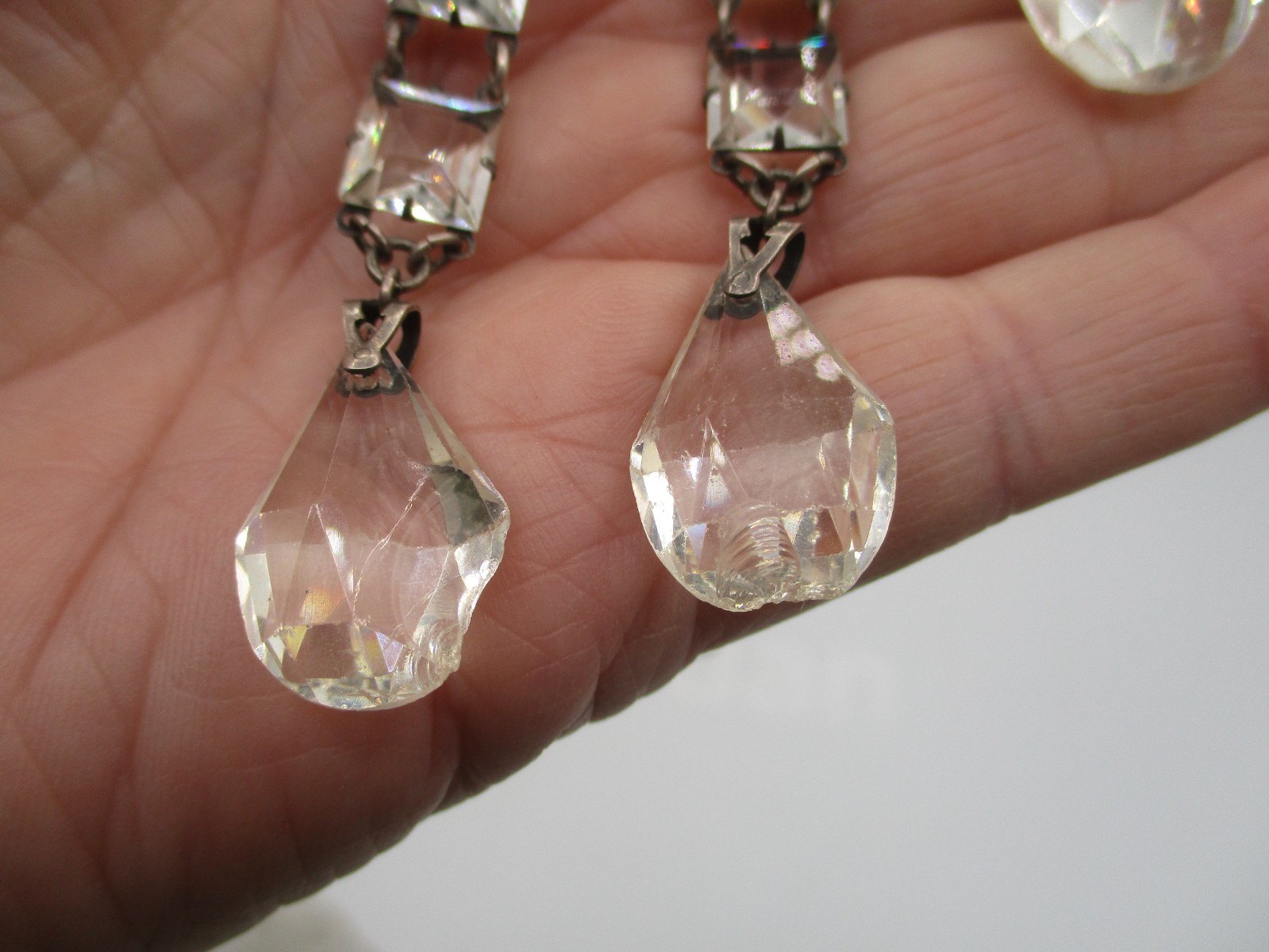 ANTIQUE STERLING SILVER ROCK CRYSTAL NECKLACE ~ ART DECO with 3 STRAND DROP
